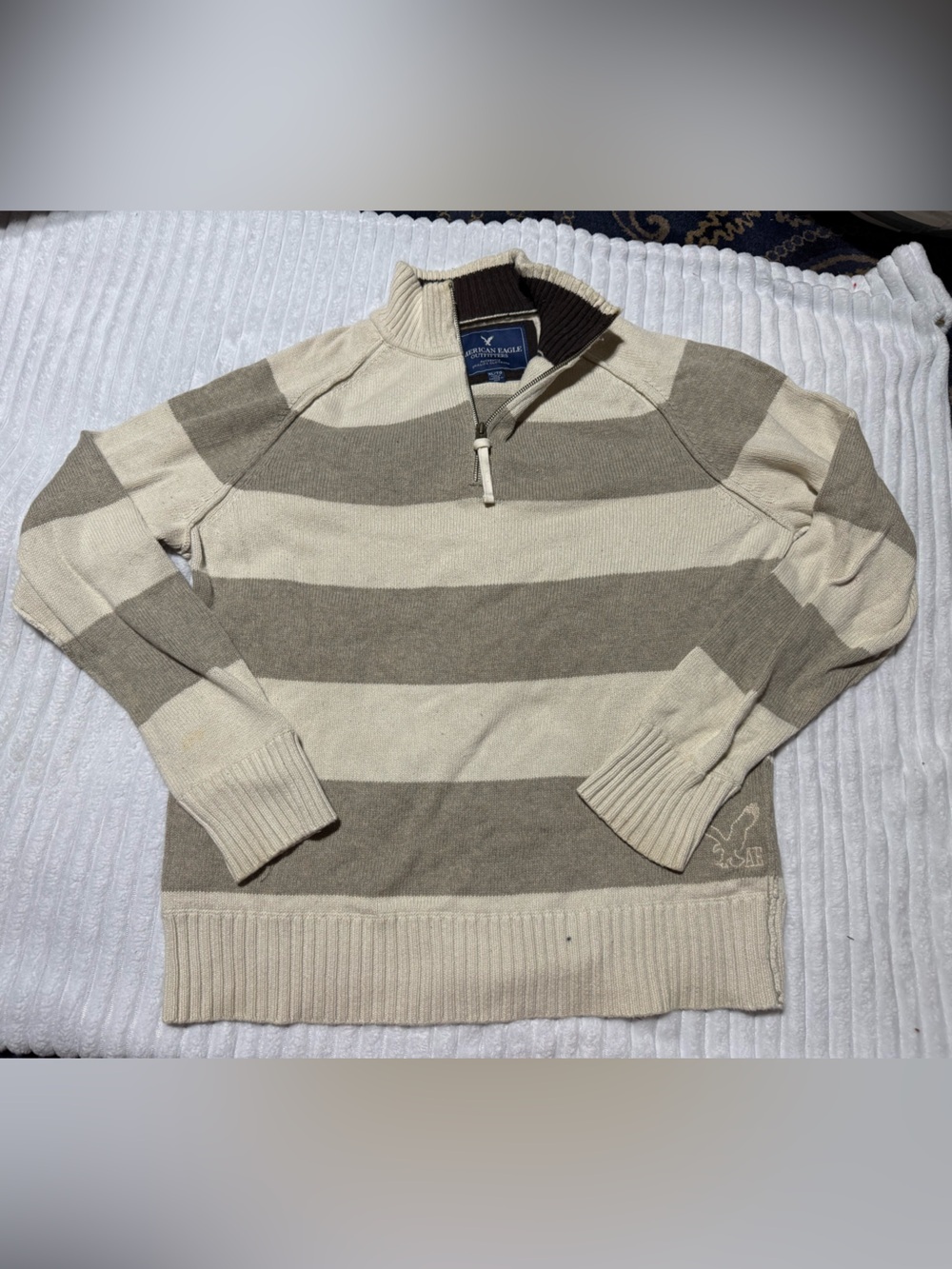 American Eagle Outfitters Men’s Striped Half-Zip Sweater in Cream and Brown